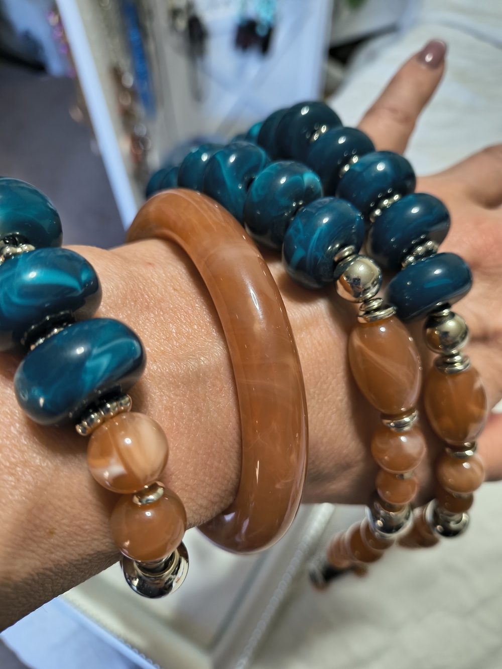 Teal and Amber Beaded Necklace Bracelet Coordinated Set 3 pc